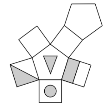 Geometrische Figuren mit Quadraten, Fünfecken und Dreiecken in einer abstrakten Anordnung